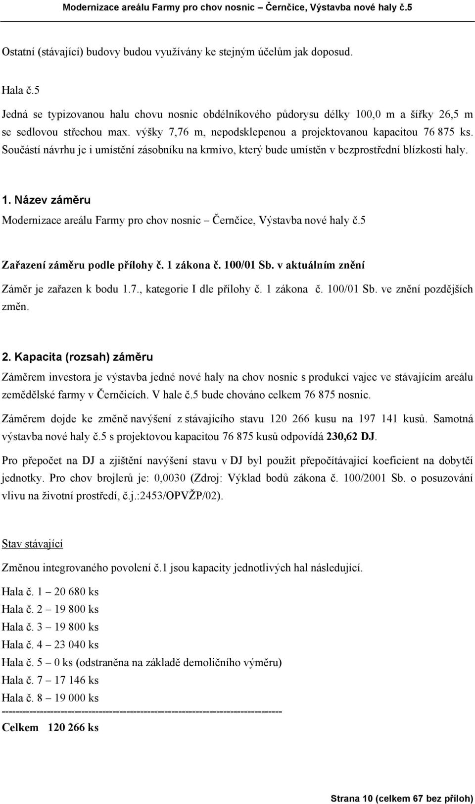 Název záměru Modernizace areálu Farmy pro chov nosnic Černčice, Výstavba nové haly č.5 Zařazení záměru podle přílohy č. 1 zákona č. 100/01 Sb. v aktuálním znění Záměr je zařazen k bodu 1.7.