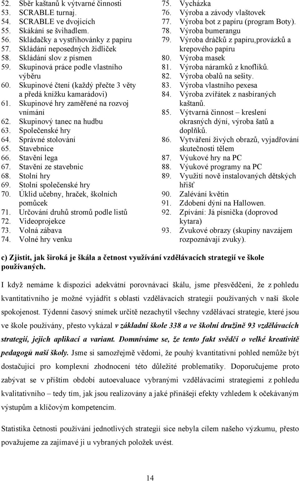 Skupinový tanec na hudbu 63. Společenské hry 64. Správné stolování 65. Stavebnice 66. Stavění lega 67. Stavění ze stavebnic 68. Stolní hry 69. Stolní společenské hry 70.