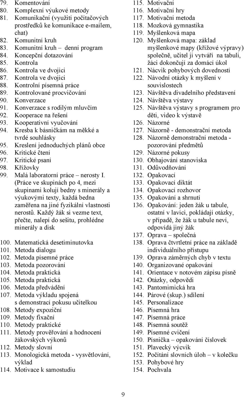 Kooperace na řešení 93. Kooperativní vyučování 94. Kresba k básničkám na měkké a tvrdé souhlásky 95. Kreslení jednoduchých plánů obce 96. Kritické čtení 97. Kritické psaní 98. Křížovky 99.