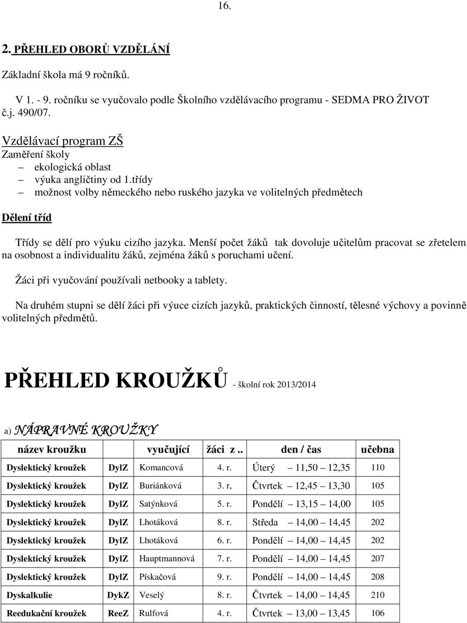 třídy možnost volby německého nebo ruského jazyka ve volitelných předmětech Dělení tříd Třídy se dělí pro výuku cizího jazyka.