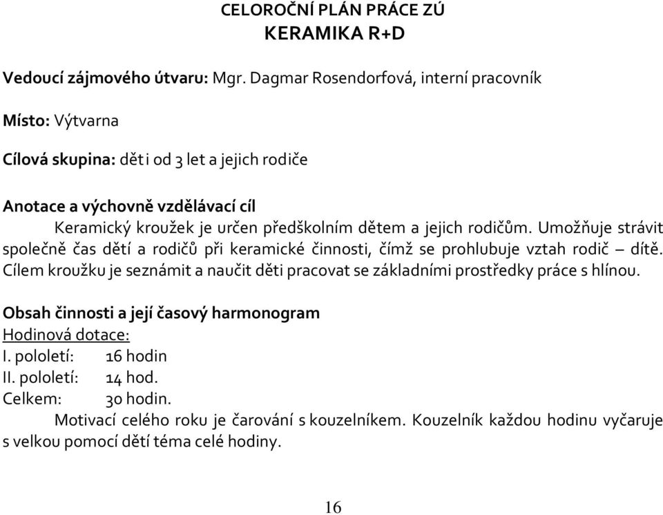 dětem a jejich rodičům. Umožňuje strávit společně čas dětí a rodičů při keramické činnosti, čímž se prohlubuje vztah rodič dítě.