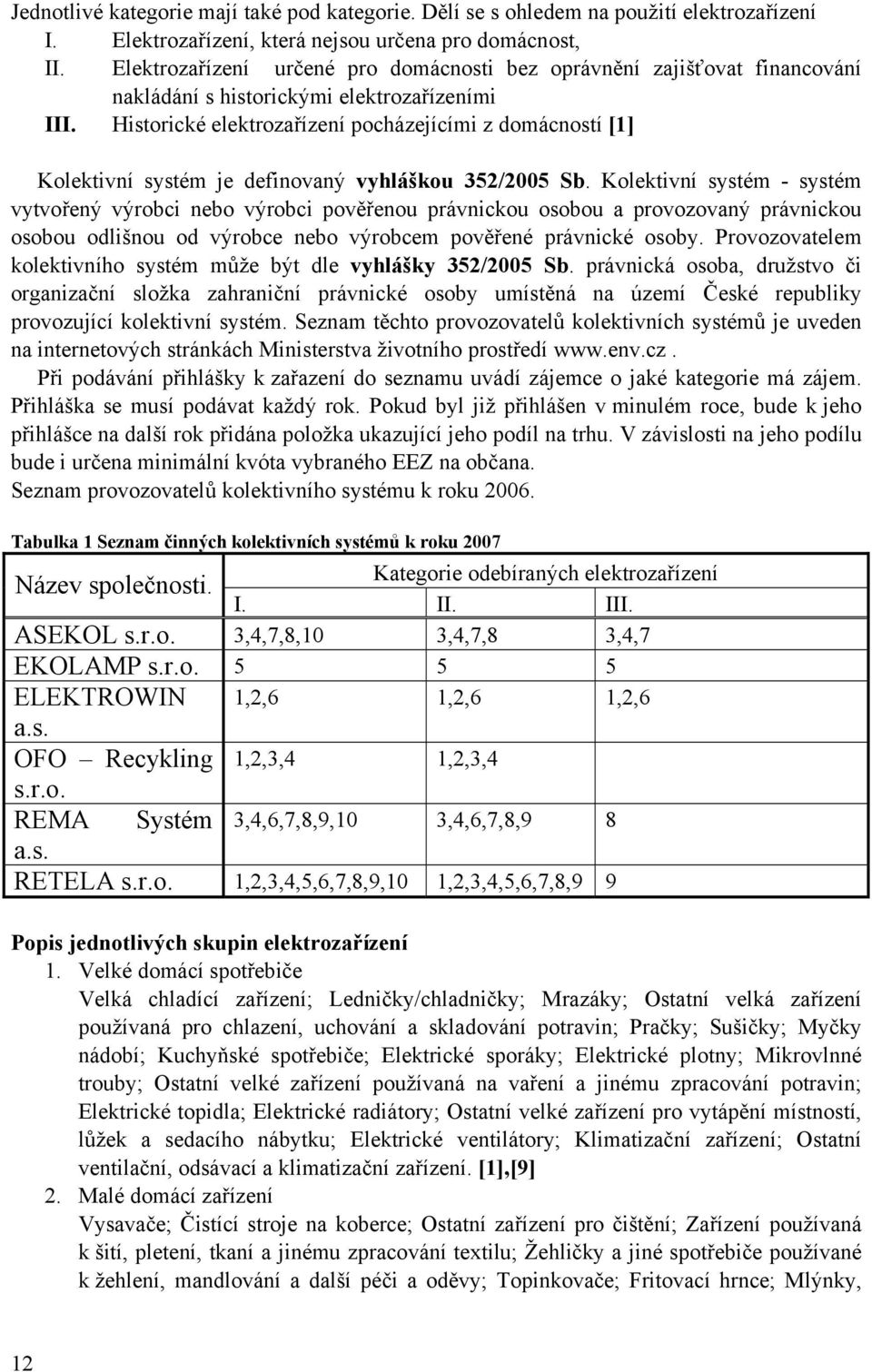 Historické elektrozařízení pocházejícími z domácností [1] Kolektivní systém je definovaný vyhláškou 352/2005 Sb.