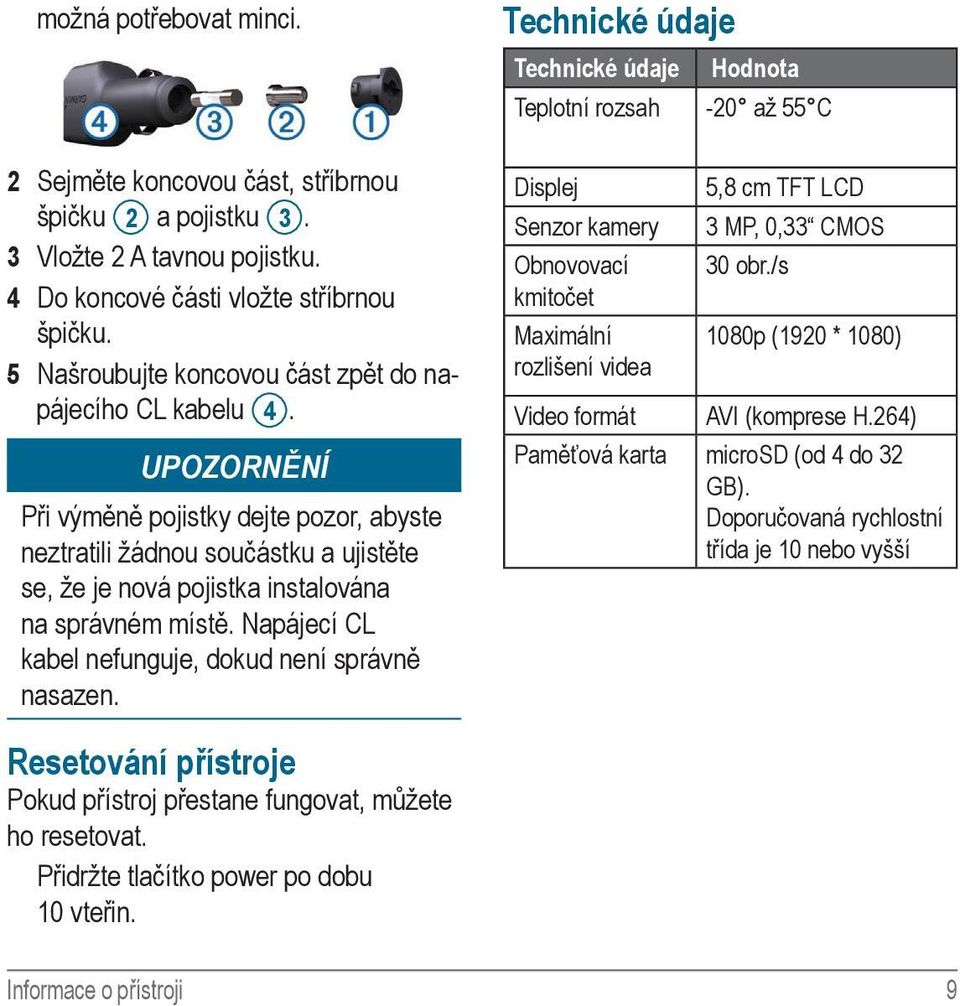 UPOZORNĚNÍ Při výměně pojistky dejte pozor, abyste neztratili žádnou součástku a ujistěte se, že je nová pojistka instalována na správném místě.