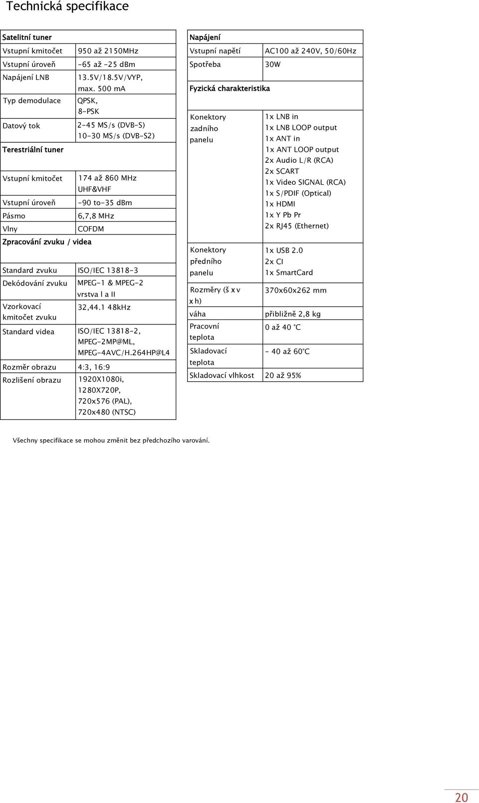 500 ma QPSK, 8-PSK 2-45 MS/s (DVB-S) 10-30 MS/s (DVB-S2) 174 aţ 860 MHz UHF&VHF -90 to-35 dbm 6,7,8 MHz COFDM Zpracování zvuku / videa Standard zvuku ISO/IEC 13818-3 Dekódování zvuku Vzorkovací