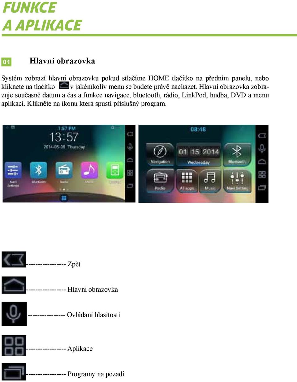 Hlavní obrazovka zobrazuje současně datum a čas a funkce navigace, bluetooth, rádio, LinkPod, hudba, DVD a menu aplikací.
