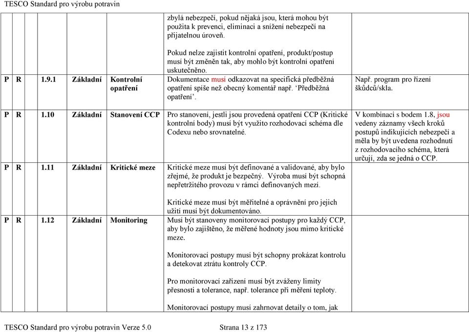 Dokumentace musí odkazovat na specifická předběžná opatření spíše než obecný komentář např. Předběžná opatření. Např. program pro řízení škůdců/skla. P R 1.