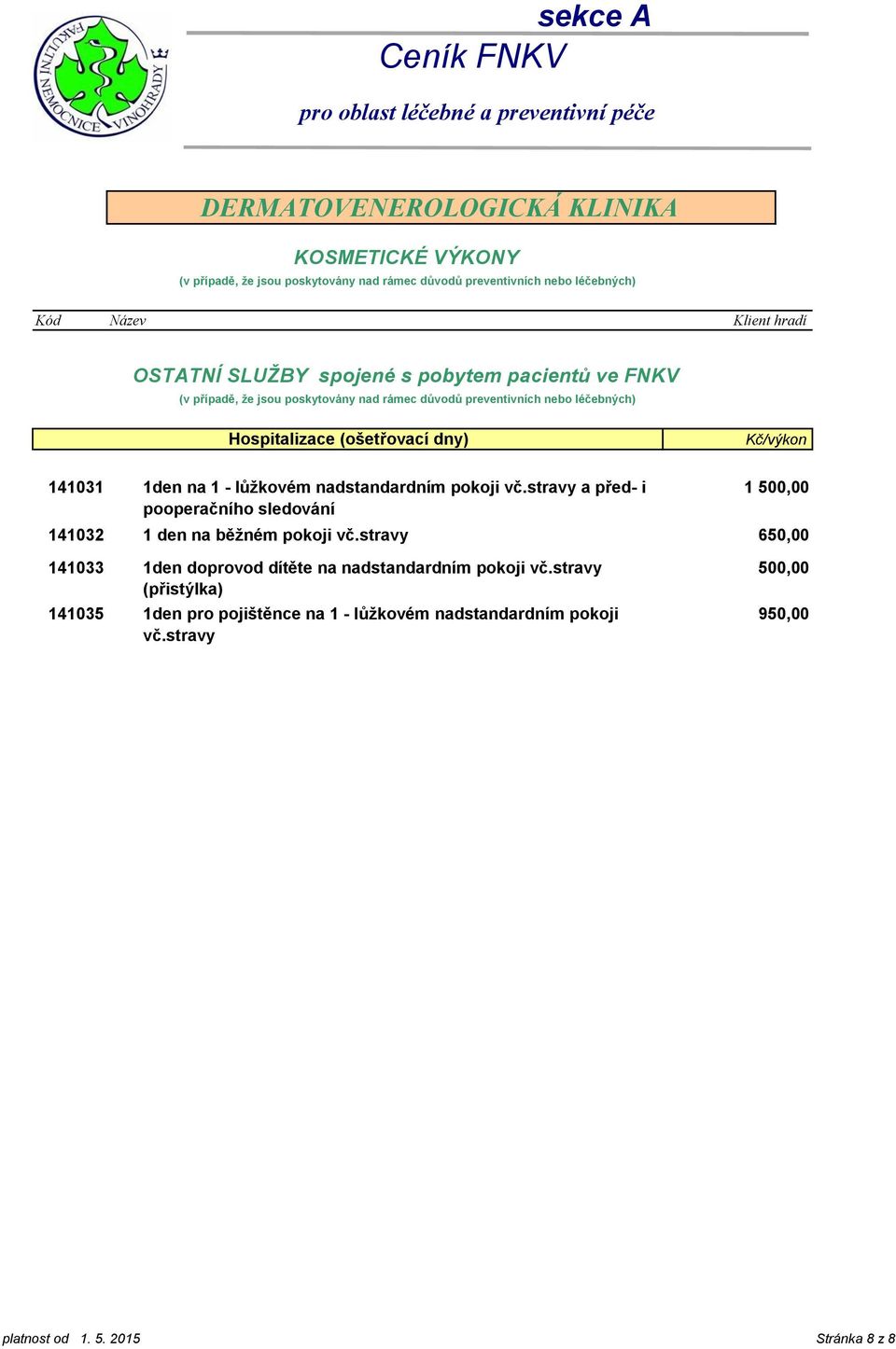 stravy 1 500,00 650,00 141033 1den doprovod dítěte na nadstandardním pokoji vč.