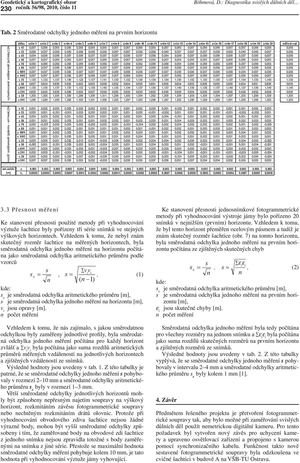 Vzhledem k tomu, že nebyl znám skutečný rozměr šachtice na měřených horizontech, byla směrodatná odchylka jednoho měření na horizontu počítána jako směrodatná odchylka aritmetického průměru podle