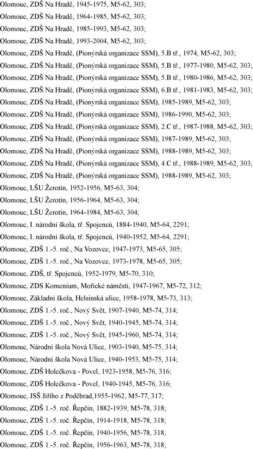 B tř., 1980-1986, M5-62, 303; Olomouc, ZDŠ Na Hradě, (Pionýrská organizace SSM), 6.B tř., 1981-1983, M5-62, 303; Olomouc, ZDŠ Na Hradě, (Pionýrská organizace SSM), 1985-1989, M5-62, 303; Olomouc, ZDŠ