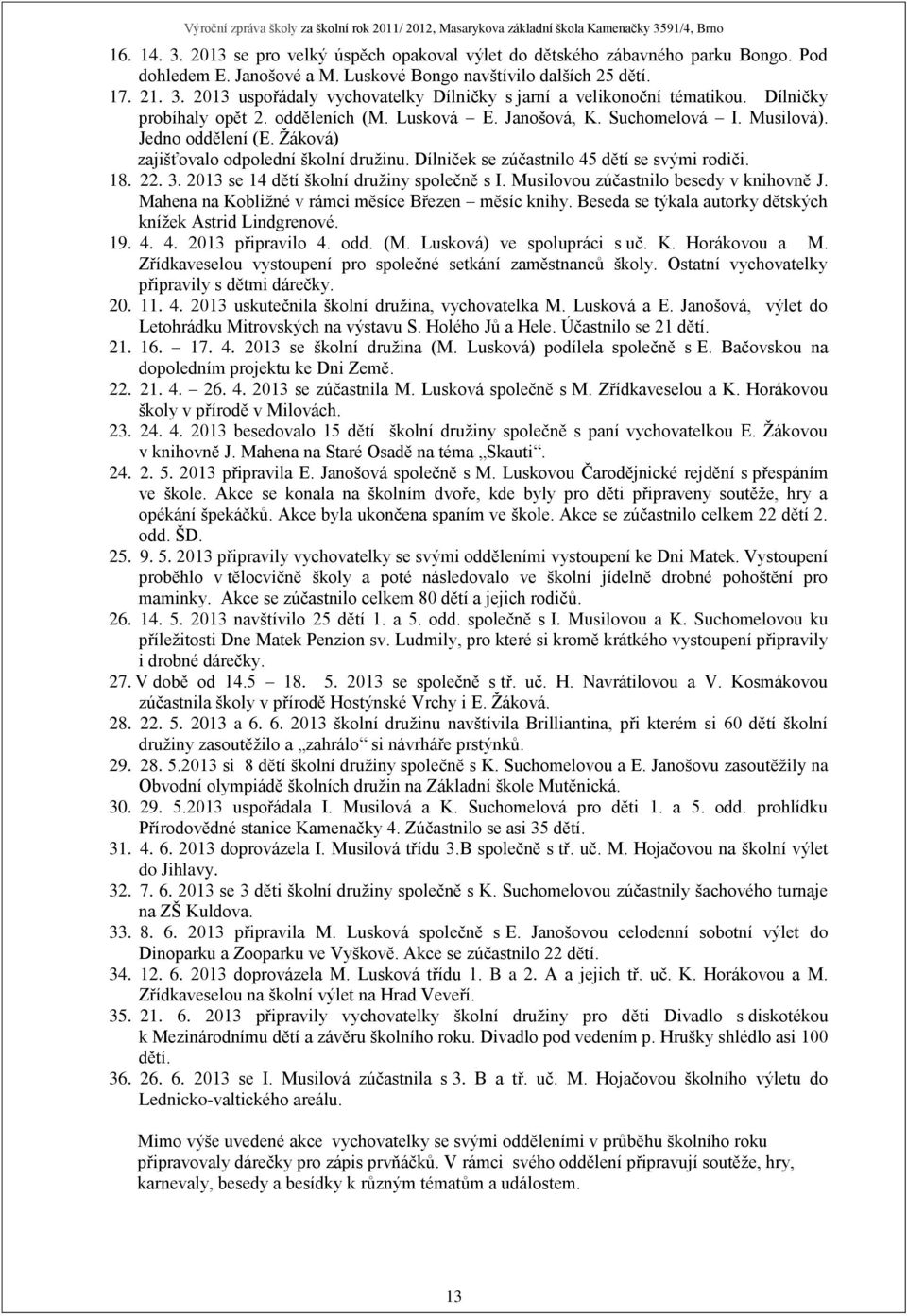 Dílniček se zúčastnilo 45 dětí se svými rodiči. 18. 22. 3. 2013 se 14 dětí školní družiny společně s I. Musilovou zúčastnilo besedy v knihovně J. Mahena na Kobližné v rámci měsíce Březen měsíc knihy.