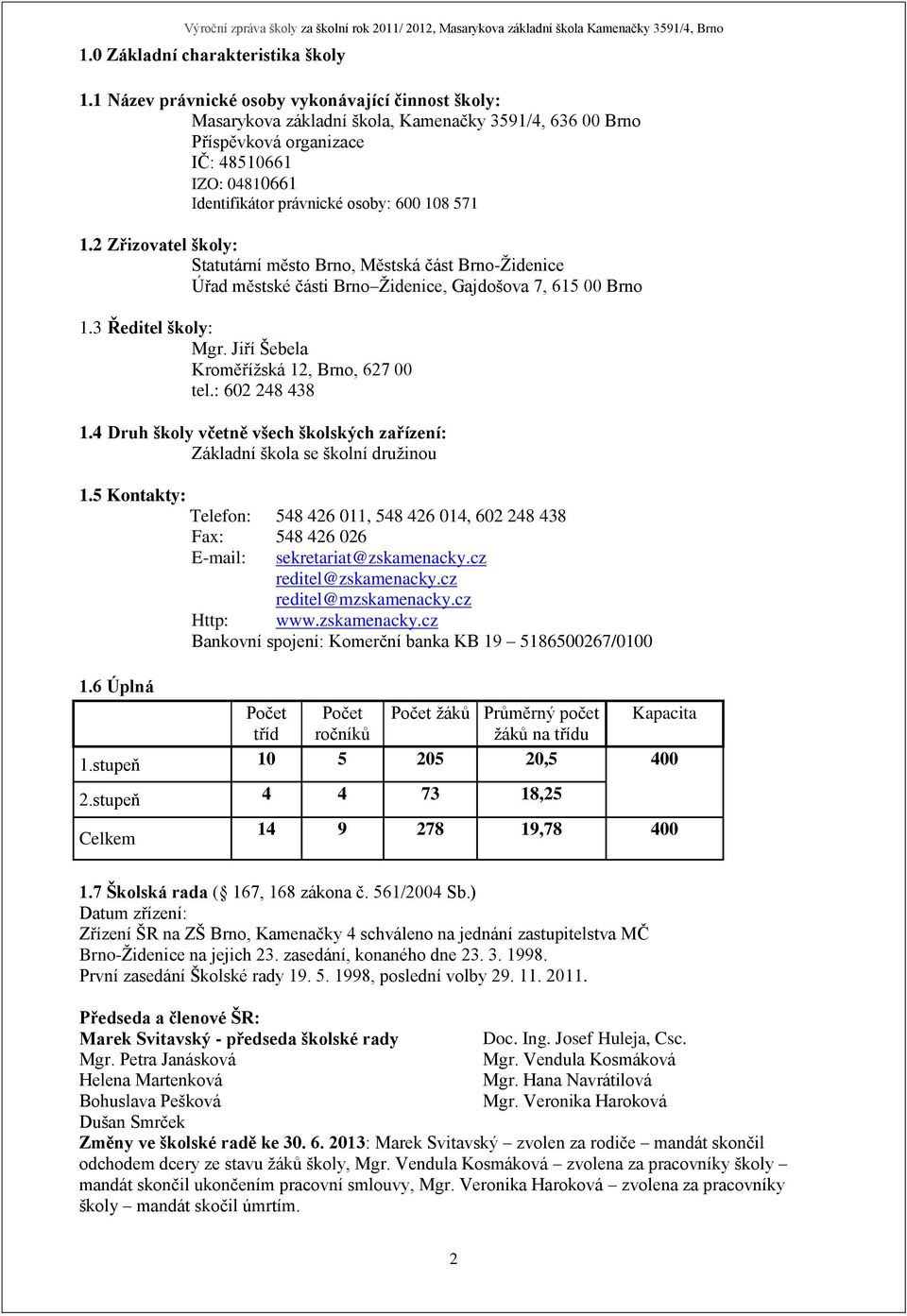 571 1.2 Zřizovatel školy: Statutární město Brno, Městská část Brno-Židenice Úřad městské části Brno Židenice, Gajdošova 7, 615 00 Brno 1.3 Ředitel školy: Mgr.