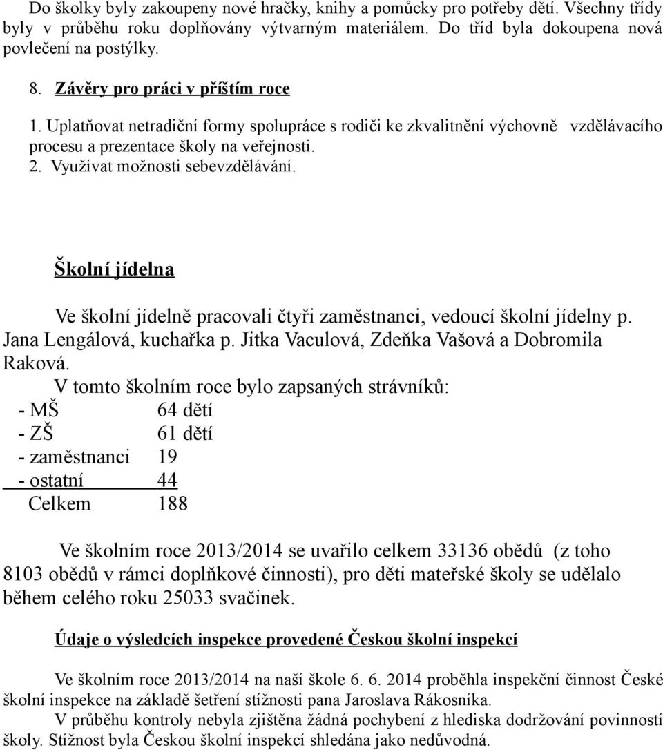 Školní jídelna Ve školní jídelně pracovali čtyři zaměstnanci, vedoucí školní jídelny p. Jana Lengálová, kuchařka p. Jitka Vaculová, Zdeňka Vašová a Dobromila Raková.