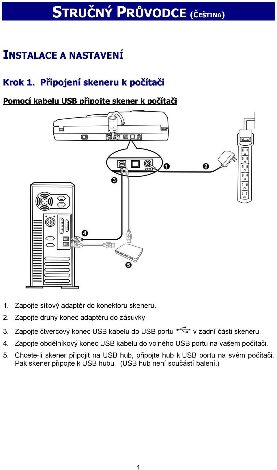 Zapojte druhý konec adaptéru do zásuvky. 3. Zapojte čtvercový konec USB kabelu do USB portu v zadní části skeneru. 4.