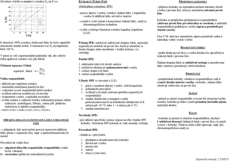 Účinnost separace 2 látek separační faktor α = Volba rozpouštědel: - důležitá pro úspěšnou extrakci - minimální mísitelnost použitých fází - vzájemné sycení rozpouštědel před extrakcí - rychlost