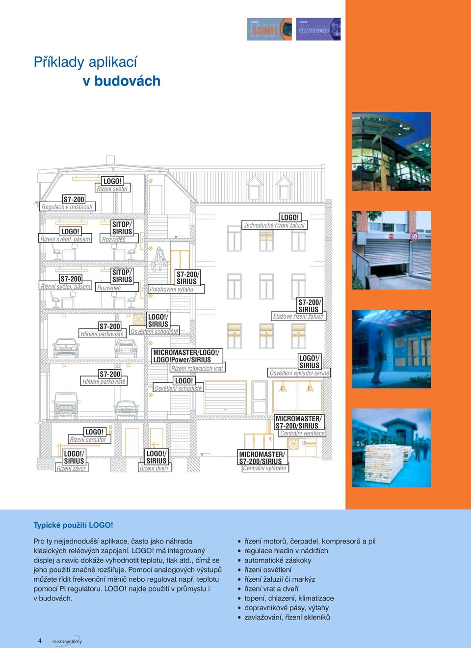 / SIRIUS Osvětlení schodiště S7-200/ SIRIUS Etážové řízení žaluzií S7-200 Hlídání parkoviště MICROMASTER/LOGO!/ LOGO!Power/SIRIUS Řízení rolovacích vrat LOGO! Osvětlení schodiště LOGO!