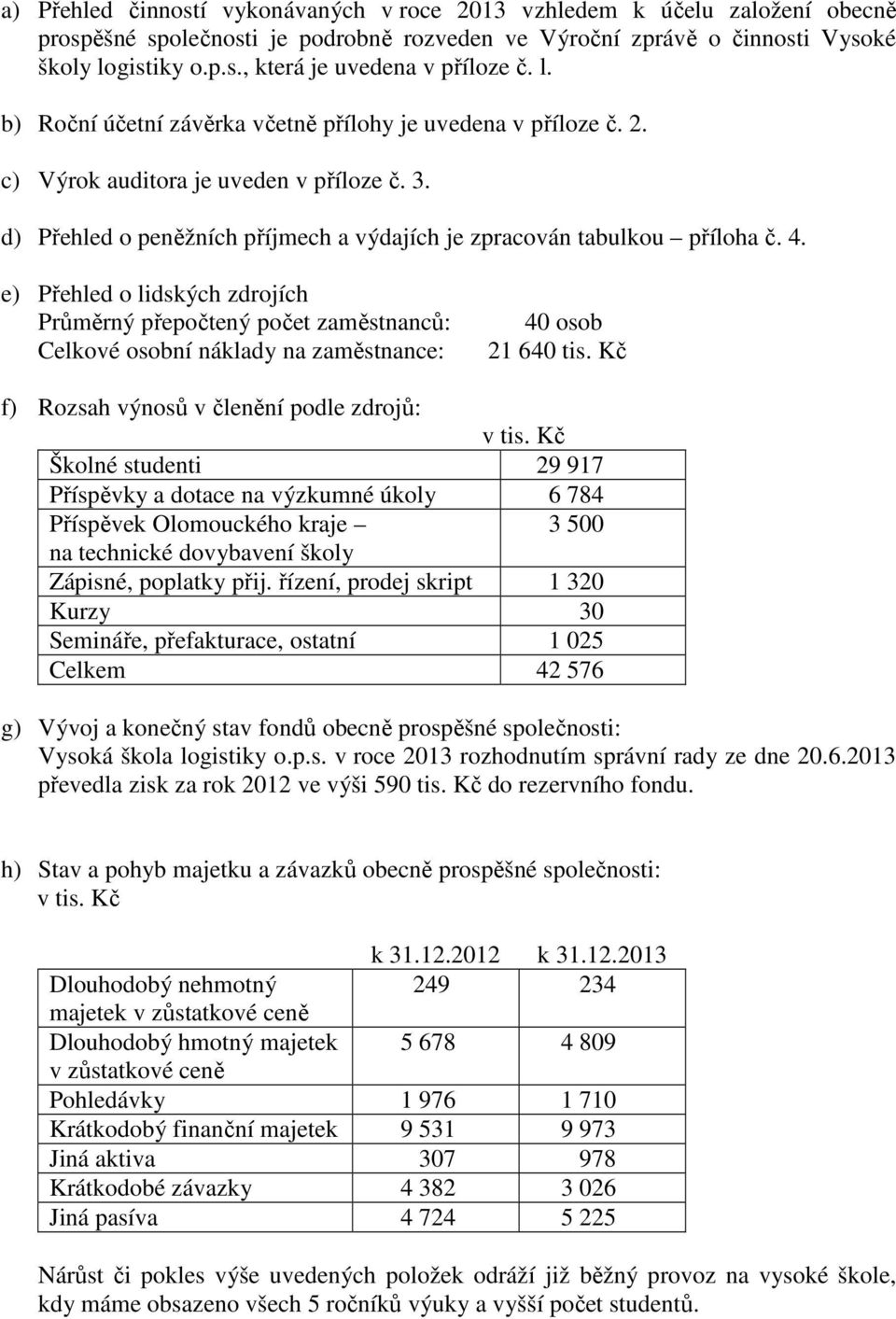 e) Přehled o lidských zdrojích Průměrný přepočtený počet zaměstnanců: Celkové osobní náklady na zaměstnance: 40 osob 21 640 tis. Kč f) Rozsah výnosů v členění podle zdrojů: v tis.