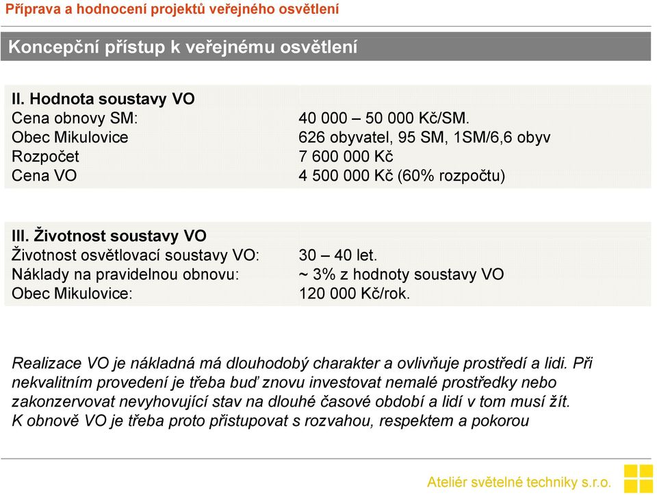 Životnost soustavy VO Životnost osvětlovací soustavy VO: Náklady na pravidelnou obnovu: Obec Mikulovice: 30 40 let. ~ 3% z hodnoty soustavy VO 120 000 Kč/rok.