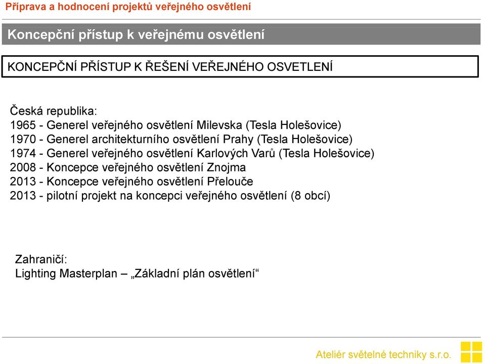 Generel veřejného osvětlení Karlových Varů (Tesla Holešovice) 2008 - Koncepce veřejného osvětlení Znojma 2013 - Koncepce