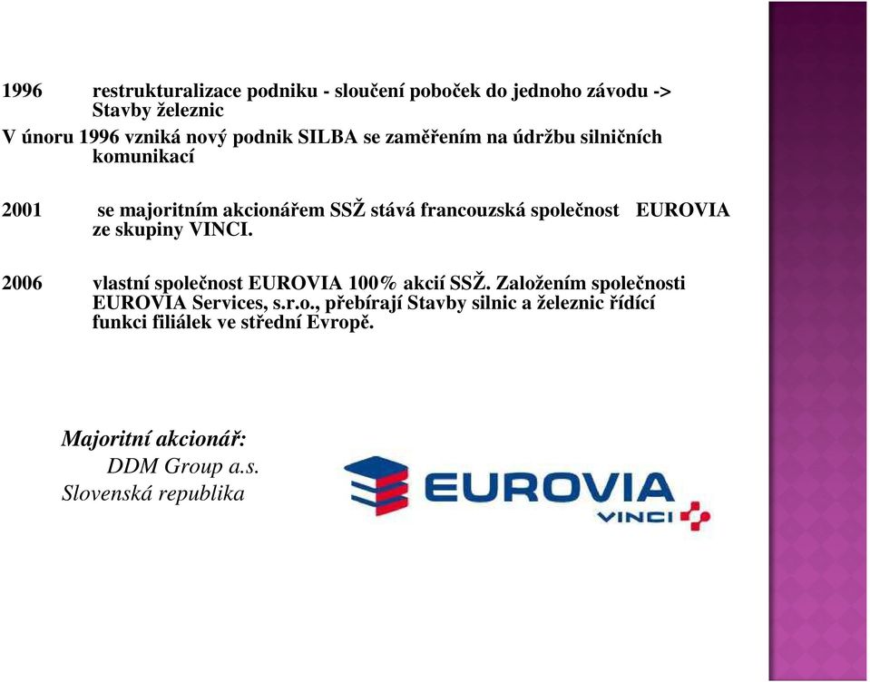 ze skupiny VINCI. 2006 vlastní společnost EUROVIA 100% akcií SSŽ. Založením společnosti EUROVIA Services, s.r.o., přebírají Stavby silnic a železnic řídící funkci filiálek ve střední Evropě.