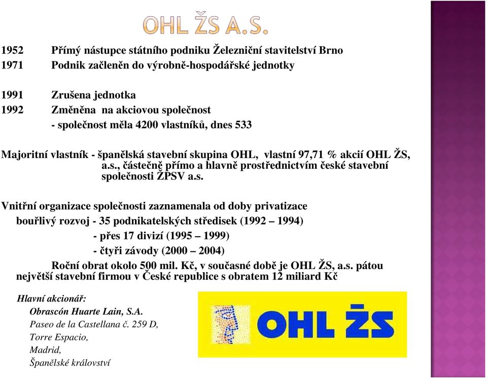 organizace společnosti zaznamenala od doby privatizace bouřlivý rozvoj - 35 podnikatelských středisek (1992 1994) - přes 17 divizí (1995 1999) -čtyři závody (2000 2004) Roční obrat okolo 500 mil.