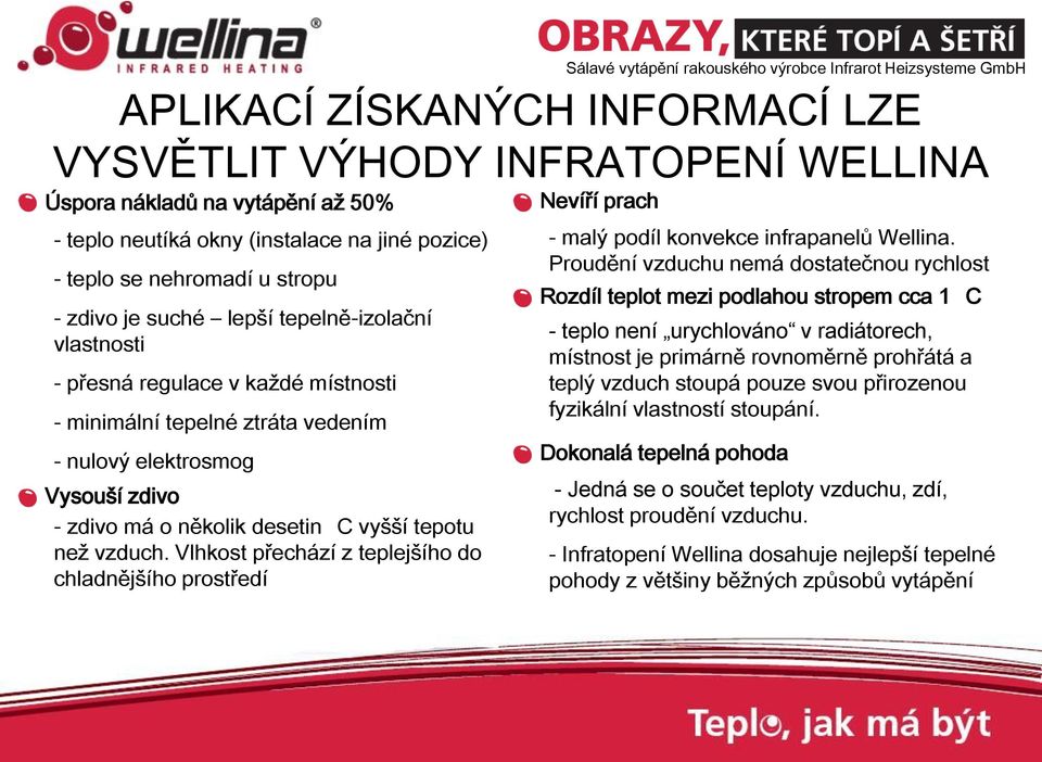 Vlhkost přechází z teplejšího do chladnějšího prostředí Nevíří prach - malý podíl konvekce infrapanelů Wellina.