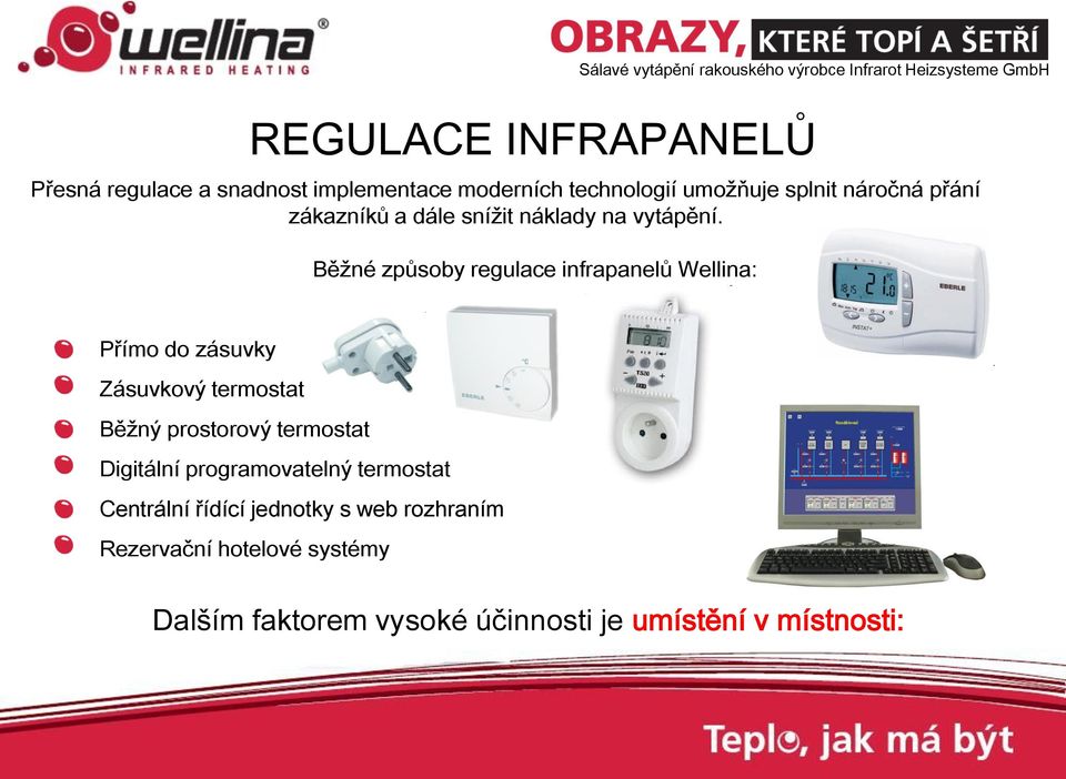 Běžné způsoby regulace infrapanelů Wellina: Přímo do zásuvky Zásuvkový termostat Běžný prostorový termostat