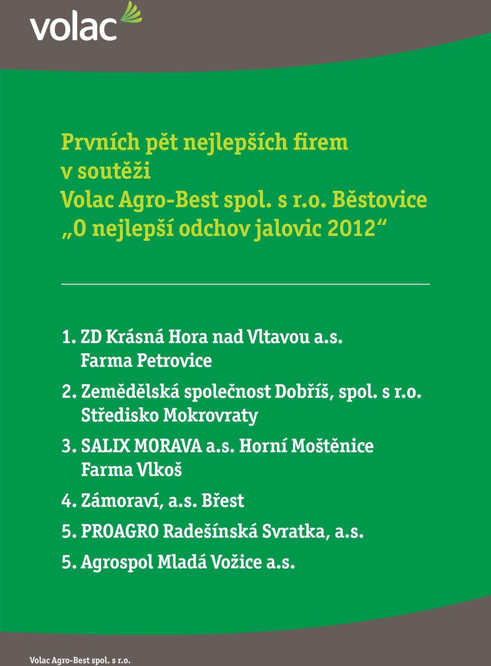 SALIX MORAVA a.s. Horní Moštěnice Farma Vlkoš 4. Zámoraví, a.s. Břest 5.