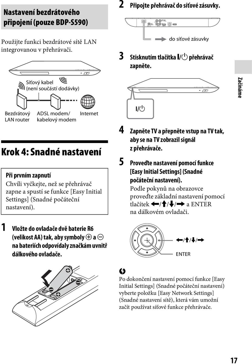 Síťový kabel (není součástí dodávky) Začínáme Bezdrátový LAN router ADSL modem/ kabelový modem Internet Krok 4: Snadné nastavení Při prvním zapnutí Chvíli vyčkejte, než se přehrávač zapne a spustí se