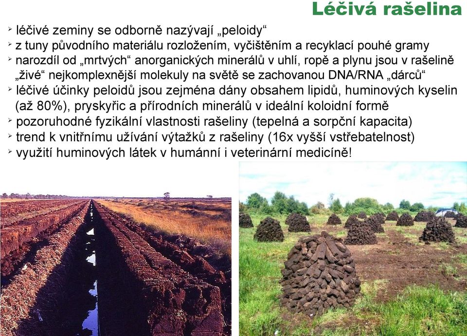 zejména dány obsahem lipidů, huminových kyselin (až 80%), pryskyřic a přírodních minerálů v ideální koloidní formě pozoruhodné fyzikální vlastnosti