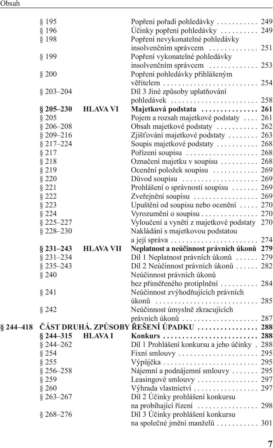 ...................... 258 205 230 HLAVA VI Majetková podstata............... 261 205 Pojem a rozsah majetkové podstaty.... 261 206 208 Obsah majetkové podstaty.