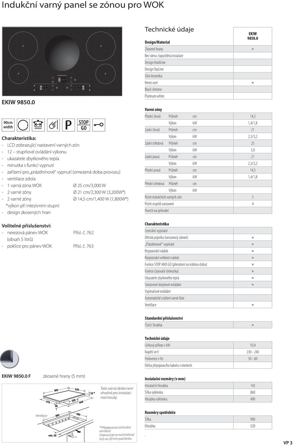 ventilace zdola - 1 varná zóna WOK Ø 25 cm/3,000 W - 2 varné zóny Ø 21 cm/2,300 W (3,200W*) - 2 varné zóny Ø cm/1,400 W (1,800W*) - *výkon při intezivním stupni desin zkosených hran Volitelné