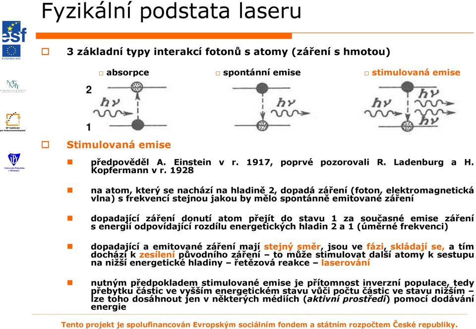 1928 na atom, který se nachází na hladině 2, dopadá záření (foton, elektromagnetická vlna) s frekvencí stejnou jakou by mělo spontánně emitované záření dopadající záření donutí atom přejít do stavu 1