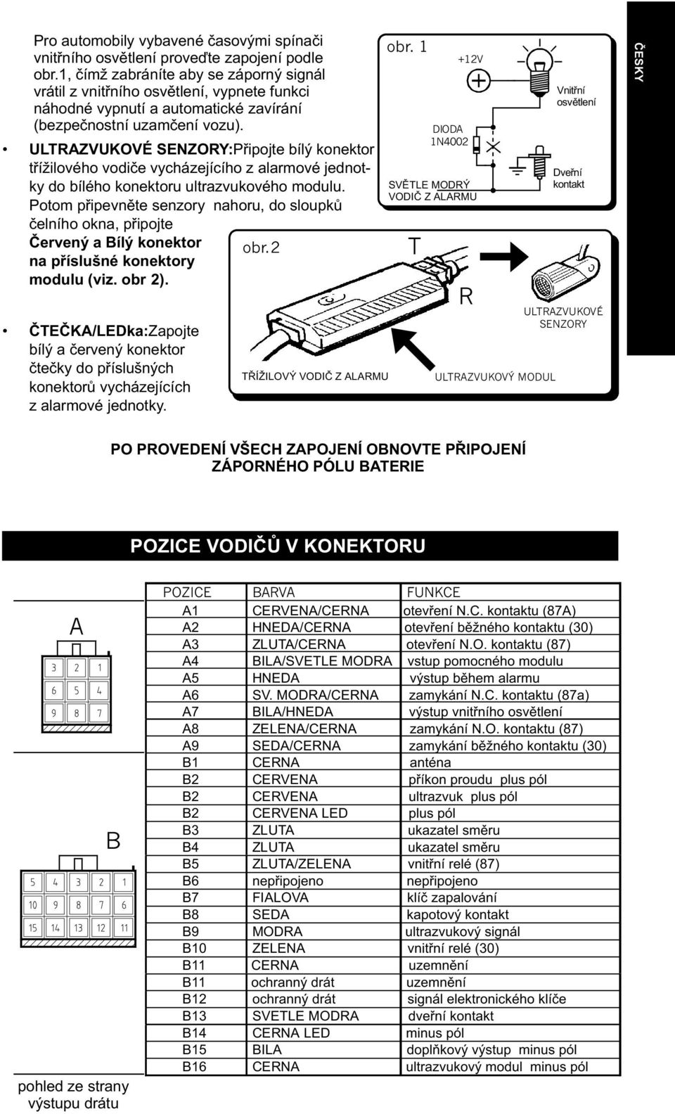 ULTRAZVUKOVÉ SENZORY:Pøipojte bílý konektor tøížilového vodièe vycházejícího z alarmové jednotky do bílého konektoru ultrazvukového modulu.