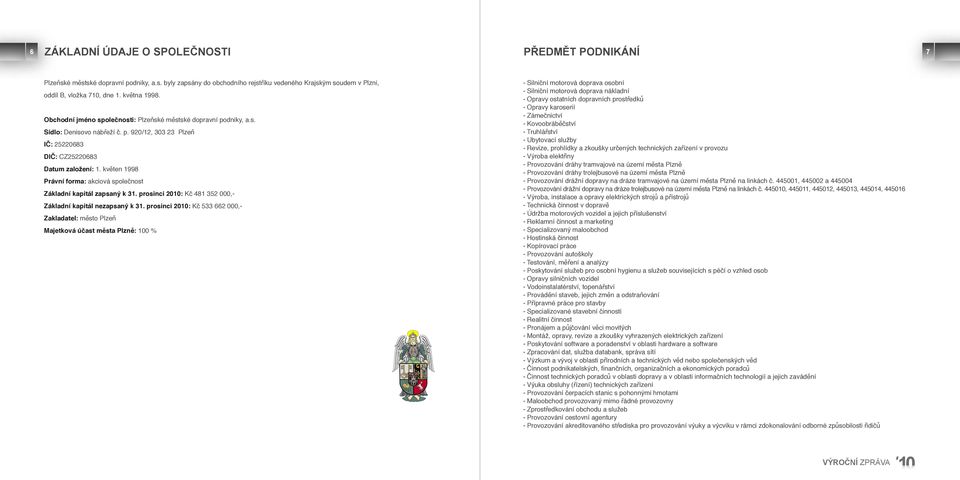 květen 1998 Právní forma: akciová společnost Základní kapitál zapsaný k 31. prosinci 2010: Kč 481 352 000,- Základní kapitál nezapsaný k 31.