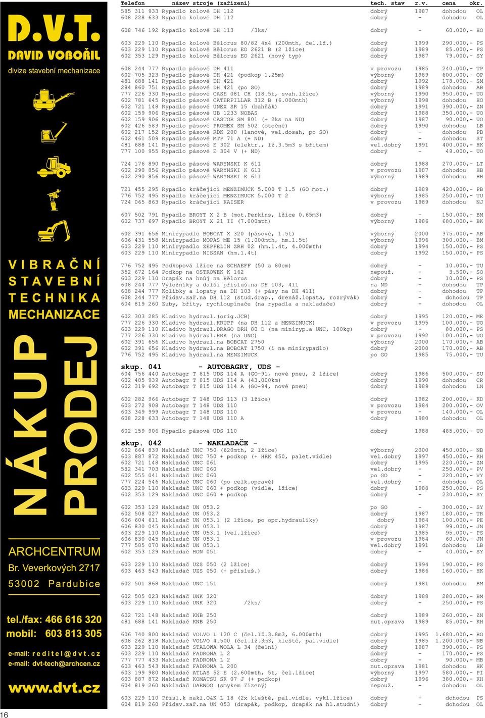 000,- PS 602 353 129 Rypadlo kolové Bělorus EO 2621 (nový typ) dobrý 1987 79.000,- SY 608 244 777 Rypadlo pásové DH 411 v provozu 1985 240.000,- TP 602 705 323 Rypadlo pásové DH 421 (podkop 1.