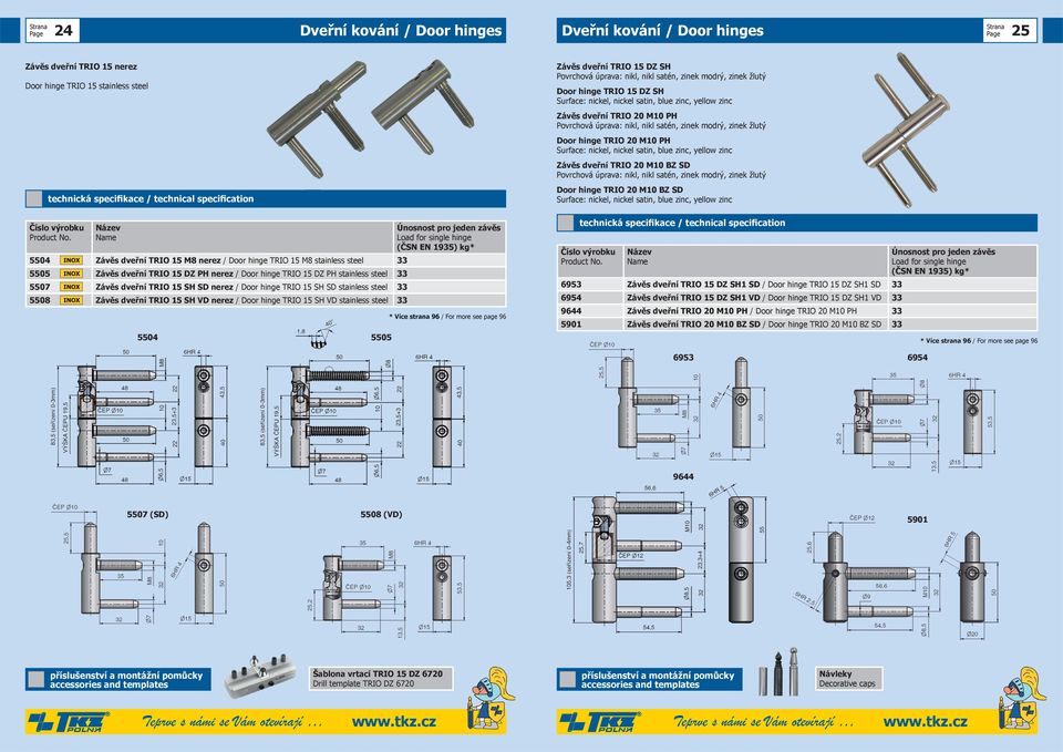 33 5504 5505 Závěs dveřní TRIO 15 DZ SH Povrchová úprava: nikl, nikl satén, zinek modrý, zinek žlutý Door hinge TRIO 15 DZ SH Surface: nickel, nickel satin, blue zinc, yellow zinc Závěs dveřní TRIO