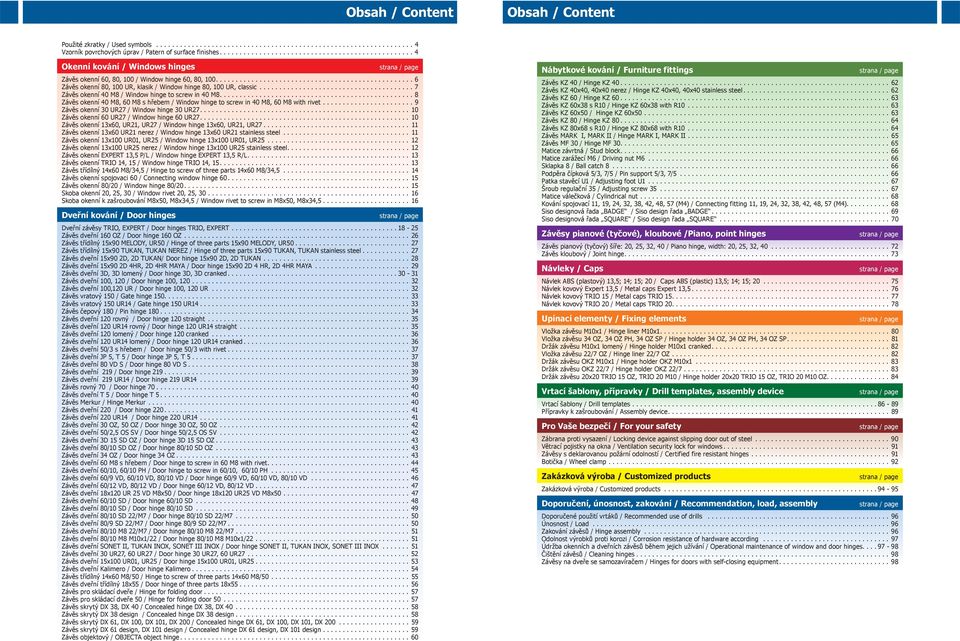 ................................................. 6 Závěs okenní 80, 100 UR, klasik / Window hinge 80, 100 UR, classic....................................... 7 Závěs okenní 40 M8 / Window hinge to screw in 40 M8.