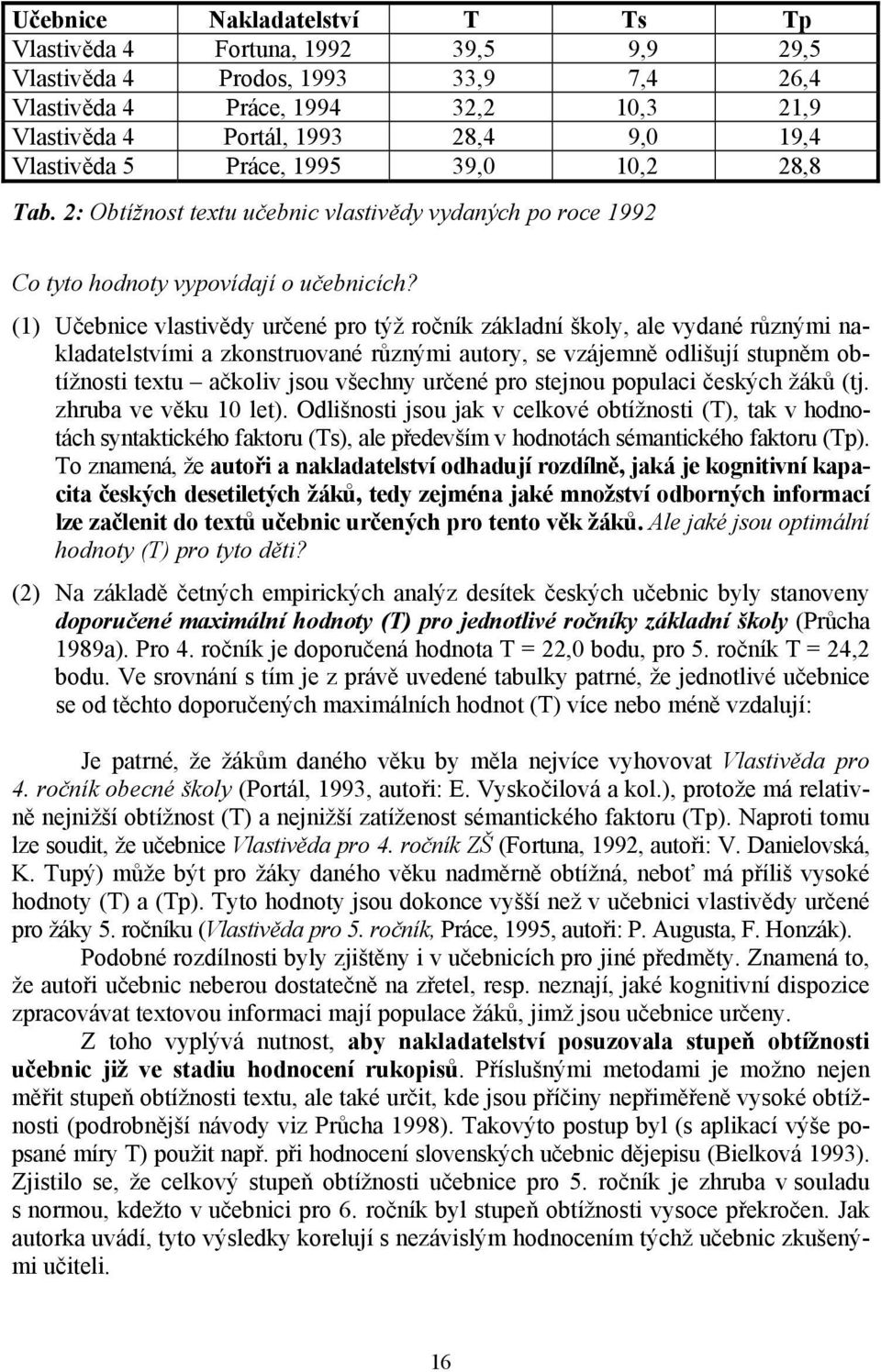 (1) Učebnice vlastivědy určené pro týž ročník základní školy, ale vydané různými nakladatelstvími a zkonstruované různými autory, se vzájemně odlišují stupněm obtížnosti textu ačkoliv jsou všechny