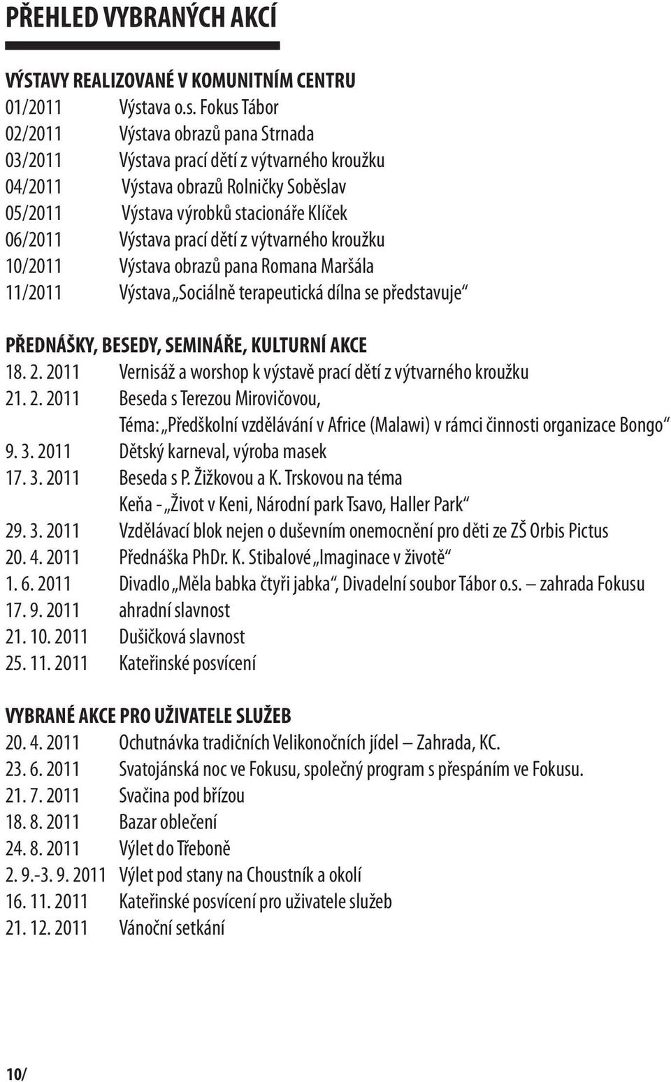 Fokus Tábor 02/2011 Výstava obrazů pana Strnada 03/2011 Výstava prací dětí z výtvarného kroužku 04/2011 Výstava obrazů Rolničky Soběslav 05/2011 Výstava výrobků stacionáře Klíček 06/2011 Výstava