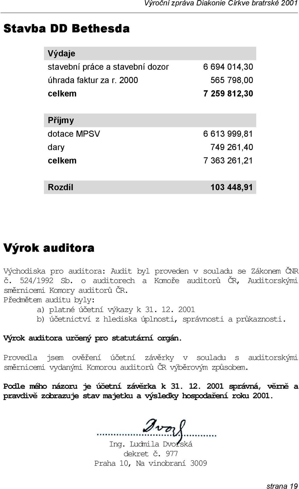 Zákonem ČNR č. 524/1992 Sb. o auditorech a Komoře auditorů ČR, Auditorskými směrnicemi Komory auditorů ČR. Předmětem auditu byly: a) platné účetní výkazy k 31. 12.