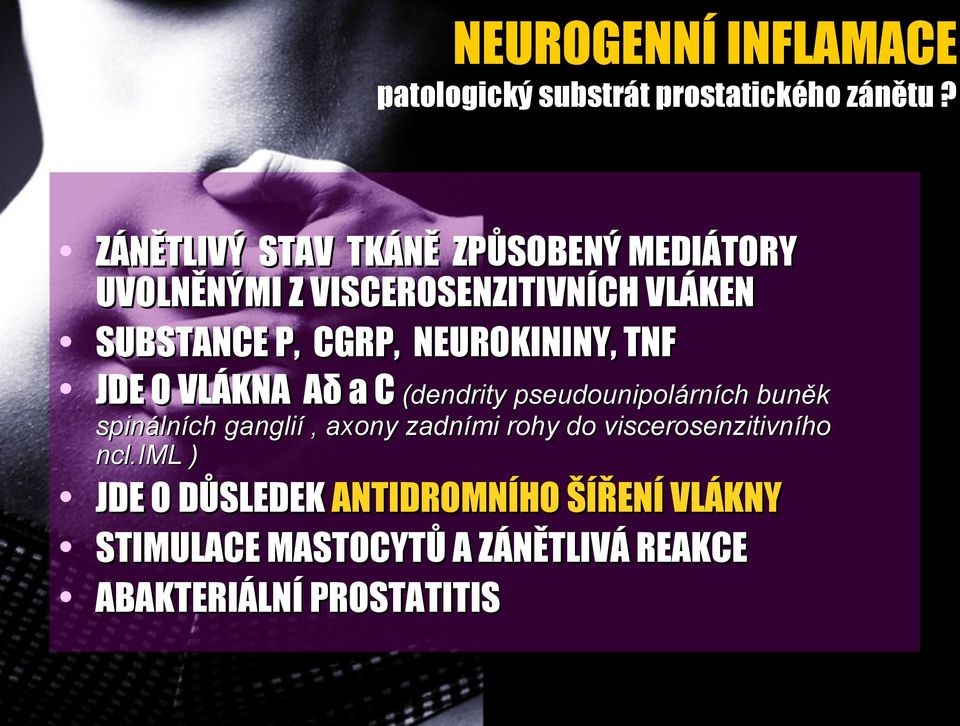 NEUROKININY, TNF JDE O VLÁKNA Aδ a C (dendrity pseudounipolárních buněk spinálních ganglií, axony