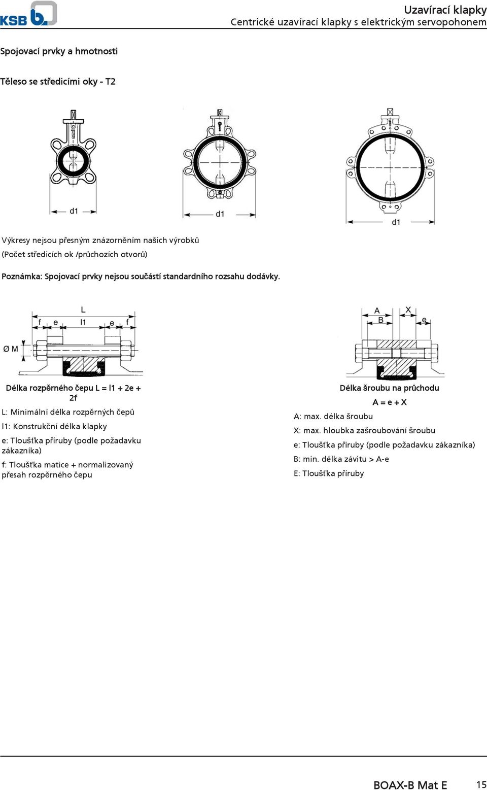 Délka rozpěrného čepu L = l1 + 2e + 2f L: Minimální délka rozpěrných čepů l1: Konstrukční délka klapky e: Tloušťka příruby (podle požadavku zákazníka) f: