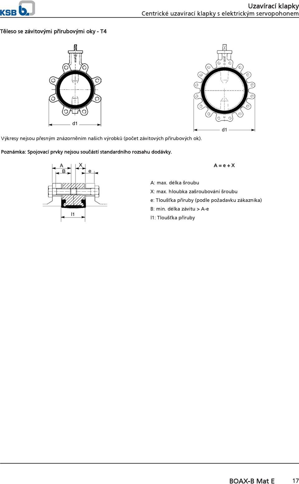 Poznámka: Spojovací prvky nejsou součástí standardního rozsahu dodávky. A = e + X A: max.