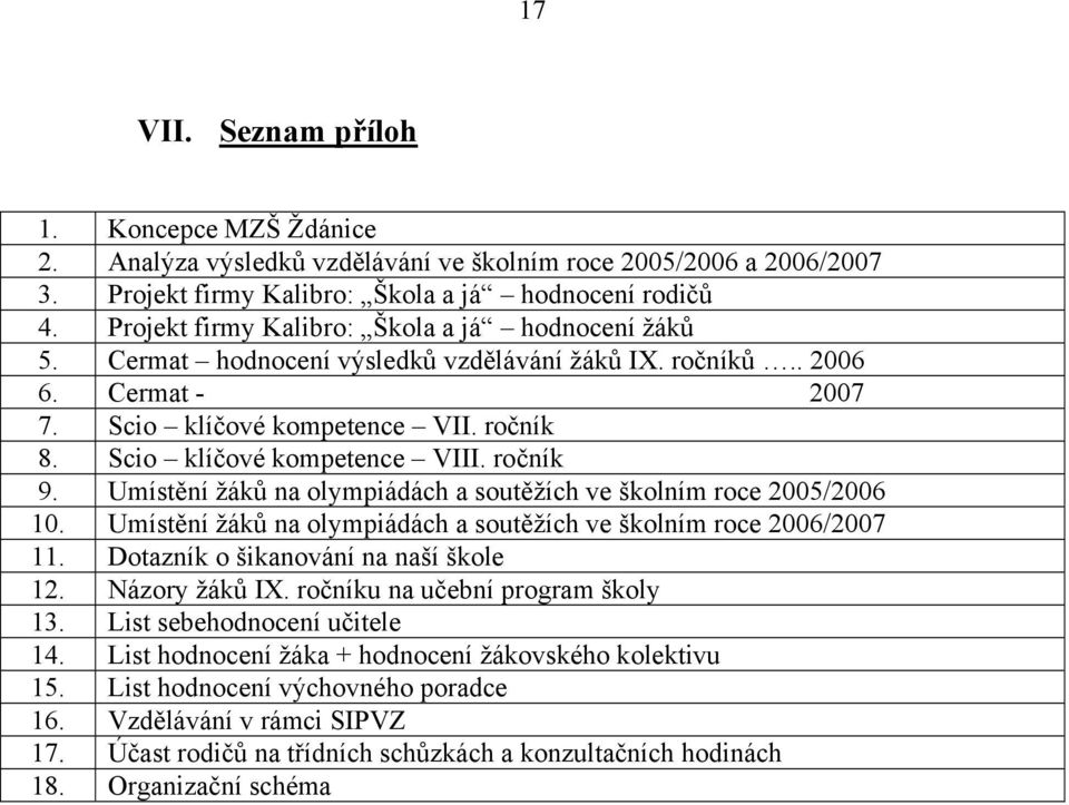 Scio klíčové kompetence VIII. ročník 9. Umístění žáků na olympiádách a soutěžích ve školním roce 2005/2006 10. Umístění žáků na olympiádách a soutěžích ve školním roce 2006/2007 11.