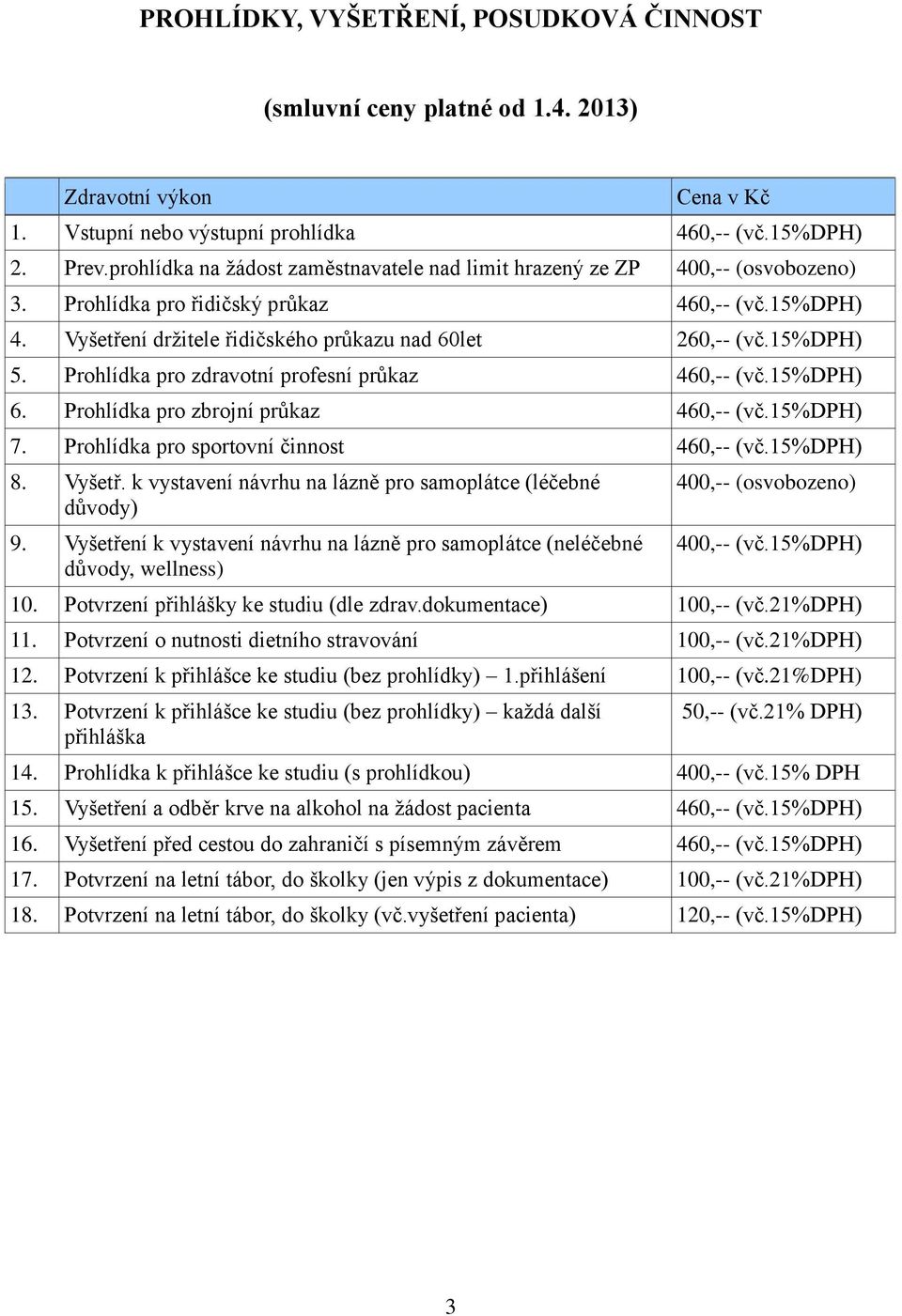 Prohlídka pro zdravotní profesní průkaz 460,-- (vč.15%dph) 6. Prohlídka pro zbrojní průkaz 460,-- (vč.15%dph) 7. Prohlídka pro sportovní činnost 460,-- (vč.15%dph) 8. Vyšetř.