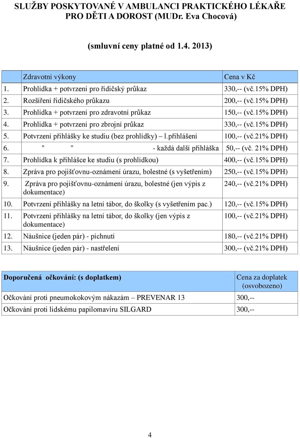 Potvrzení přihlášky ke studiu (bez prohlídky) l.přihlášení 100,-- (vč.21% DPH) 6. " " - každá další přihláška 50,-- (vč. 21% DPH) 7. Prohlídka k přihlášce ke studiu (s prohlídkou) 400,-- (vč.