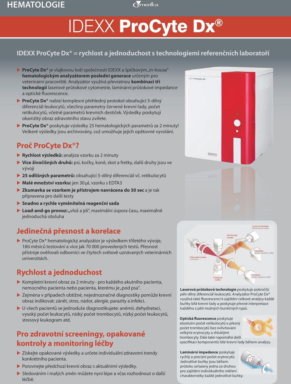 Analyzátor využívá převratnou kombinaci tří technologií laserové průtokové cytometrie, laminární průtokové impedance a optické fluorescence.