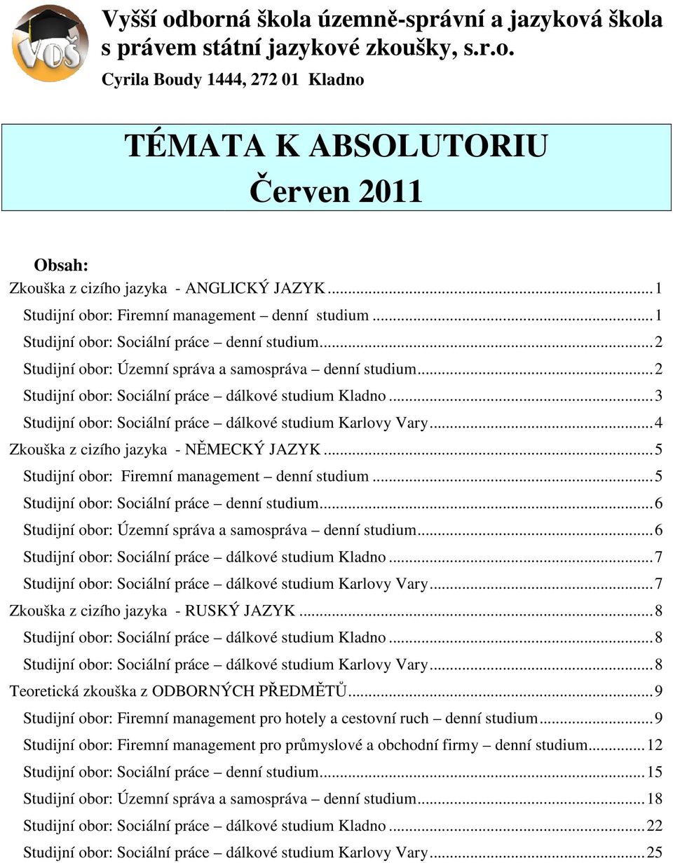 .. 2 Studijní obor: Sociální práce dálkové studium Kladno... 3 Studijní obor: Sociální práce dálkové studium Karlovy Vary... 4 Zkouška z cizího jazyka - NĚMECKÝ JAZYK.