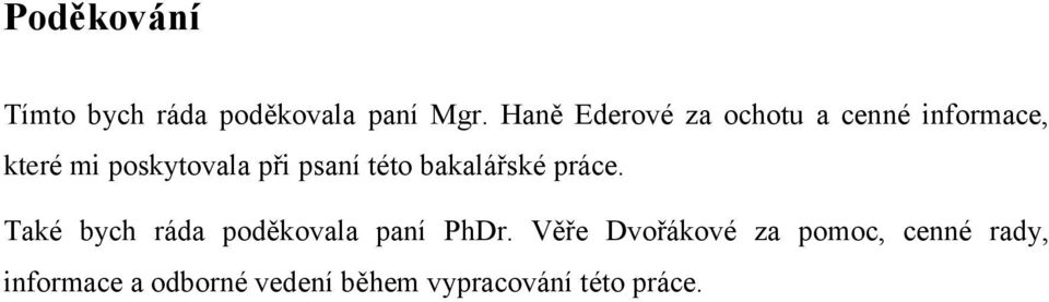 psaní této bakalářské práce. Také bych ráda poděkovala paní PhDr.