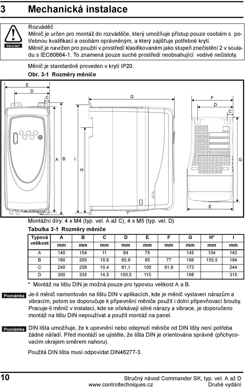 Měnič je standardně proveden v krytí IP20. Obr. 3-1 Rozměry měniče E D C G F D C A B I G H E Montážní díry: 4 x M4 (typ. vel.
